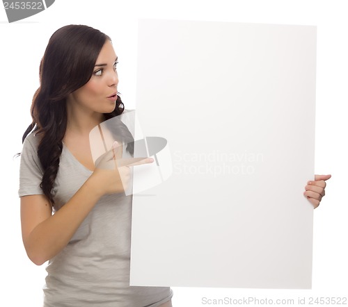 Image of Beautiful Mixed Race Female Holding Blank Sign on White
