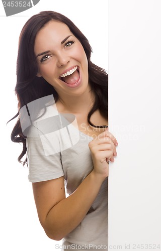 Image of Beautiful Mixed Race Female Holding Blank Sign on White
