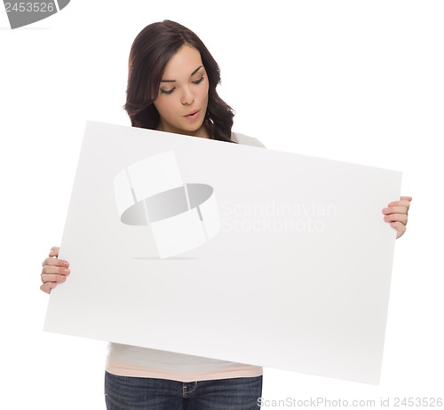 Image of Mixed Race Female Holding Blank Sign on White
