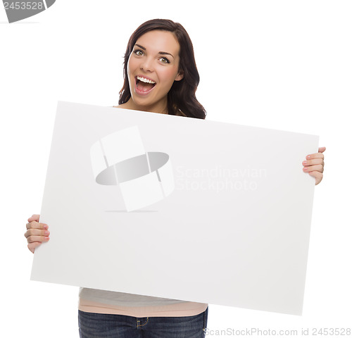 Image of Beautiful Mixed Race Female Holding Blank Sign on White
