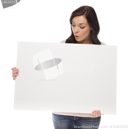 Image of Mixed Race Female Holding Blank Sign on White
