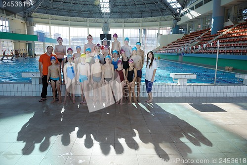 Image of happy children group  at swimming pool