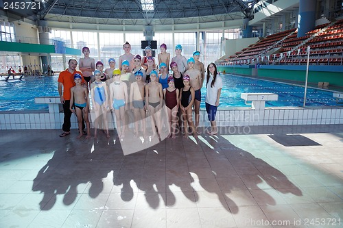 Image of happy children group  at swimming pool