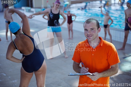 Image of happy children group  at swimming pool