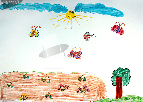Image of children's drawing with many flowers on the bed