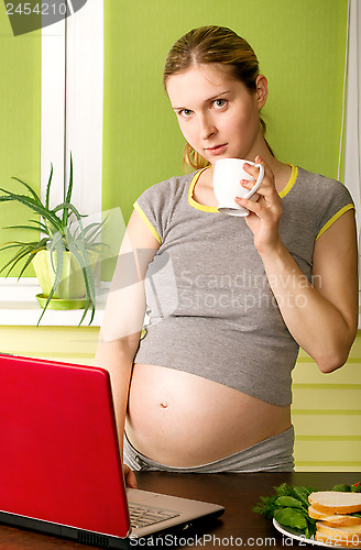 Image of Cute Pregnant Woman On Kitchen