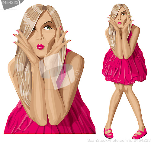 Image of Vector Surprised Blonde in Pink Dress