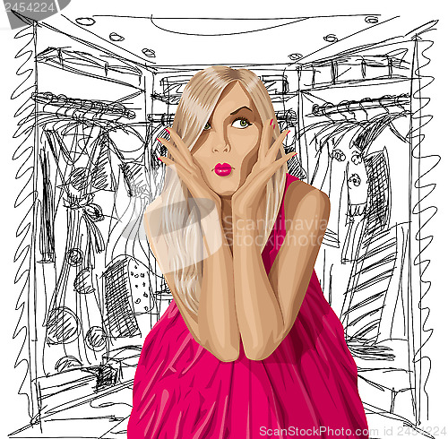 Image of Vector Surprised Blonde in Pink Dress