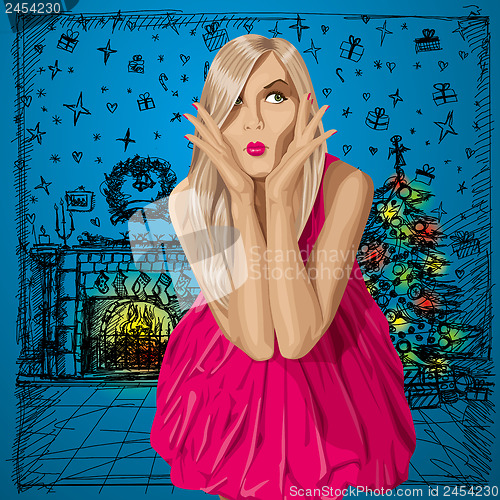 Image of Vector Surprised Blonde in Pink Dress