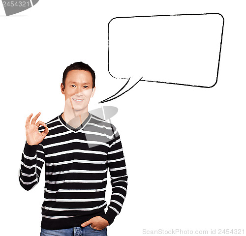 Image of Asian Man In Striped with Speech Bubble