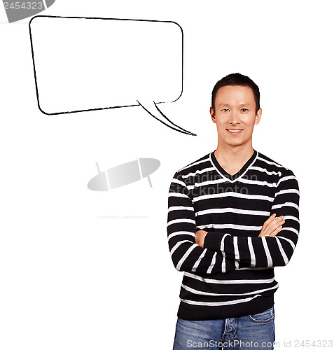 Image of Asian Man In Striped with Speech Bubble