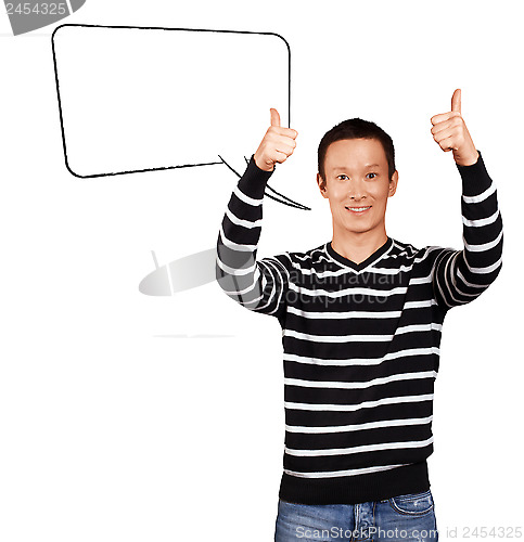 Image of Asian Man In Striped with Speech Bubble
