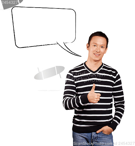 Image of Asian Man In Striped with Speech Bubble