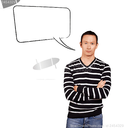 Image of Asian Man In Striped with Speech Bubble