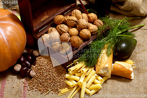 Image of Still Life with Chest, Nuts, Pumpkin, Bread 