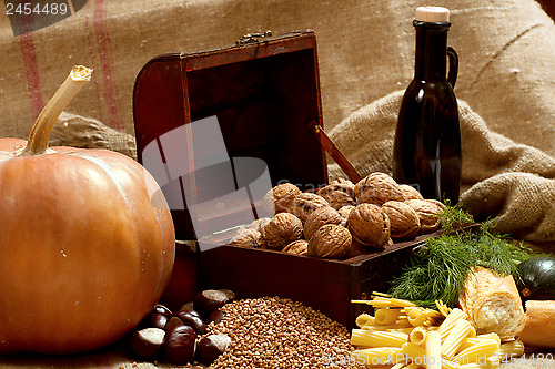 Image of Still Life with Chest, Nuts, Pumpkin, Bread 