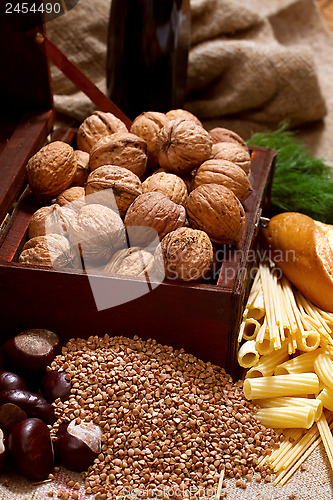 Image of Still Life with Chest, Nuts, Pumpkin, Bread 