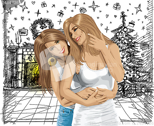 Image of Vector Women Gay Couple Have Christmas Time