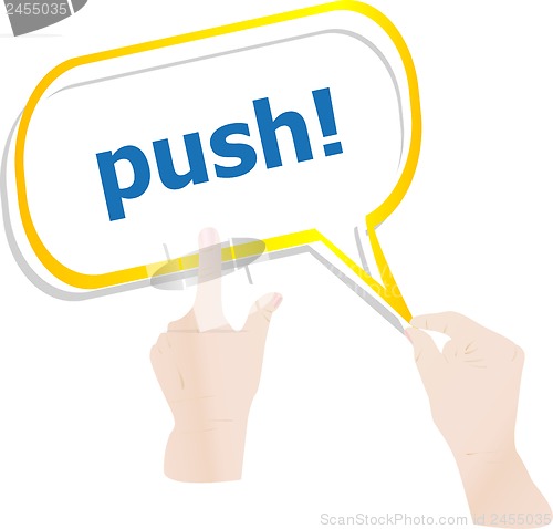 Image of hands holding push word on speech bubbles