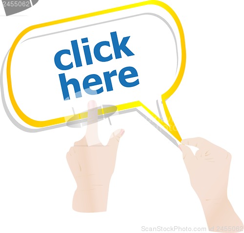Image of hands holding abstract cloud with click here word