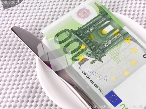 Image of euro money on plate with knife
