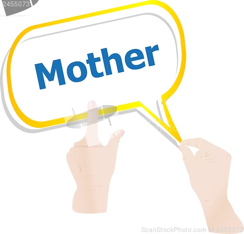 Image of hands push word mother on speech bubbles