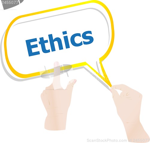 Image of hands holding abstract cloud with ethics word