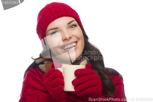 Image of Mixed Race Woman Wearing Winter Hat and Gloves Holds Mug