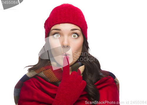 Image of Wide Eyed Mixed Race Woman Wearing Winter Hat and Gloves 