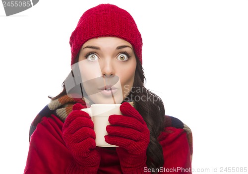 Image of Wide Eyed Mixed Race Woman Wearing Winter Gloves Holds Mug 