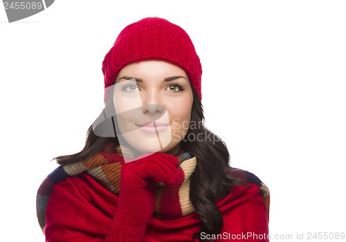 Image of Happy Mixed Race Woman Wearing Winter Hat and Gloves 