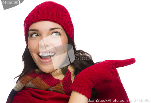 Image of Mixed Race Woman Wearing Mittens and Pointing to the Side