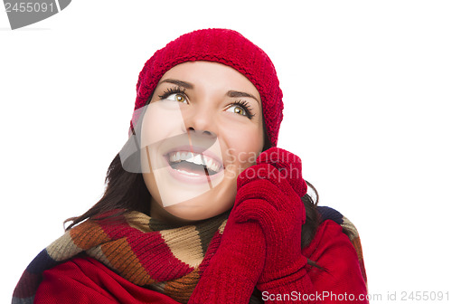 Image of Mixed Race Woman Wearing Mittens and Hat Looks to Side