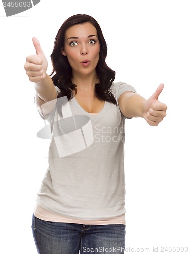 Image of Wide Eyed Mixed Race Model Giving Thumbs Up on White