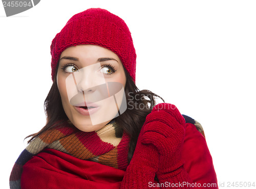 Image of Mixed Race Woman Wearing Mittens and Hat Looks to Side