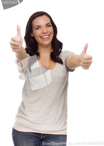 Image of Pretty Mixed Race Female Model Giving Thumbs Up on White