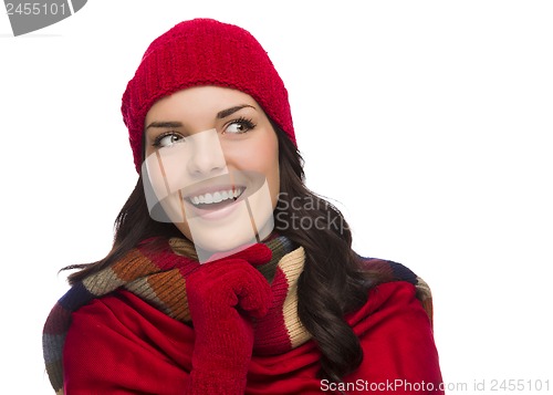 Image of Mixed Race Woman Wearing Mittens and Hat Looks to Side