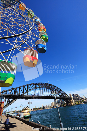 Image of Ferris Wheel and Sydney Harbour Bridge, Australia