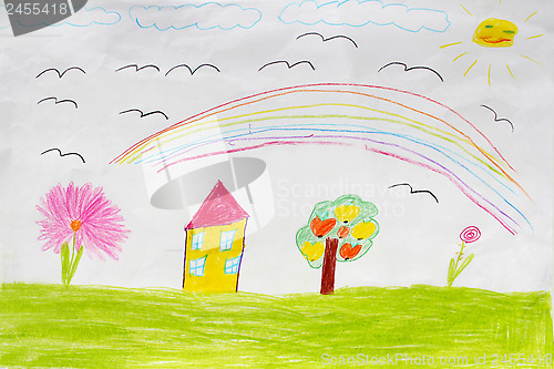 Image of Children's drawing of houses and rainbow