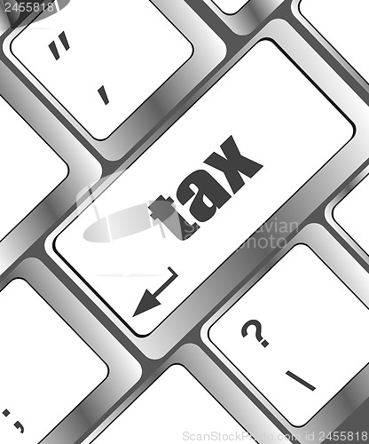 Image of tax word on laptop keyboard key, business concept