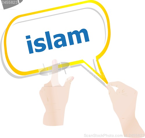 Image of hands push word islam on speech bubbles