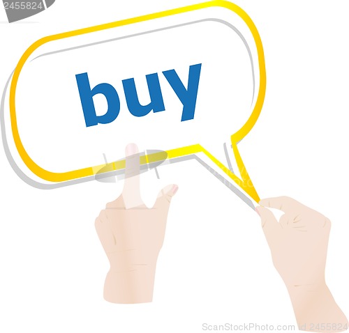 Image of hands holding abstract cloud with buy word