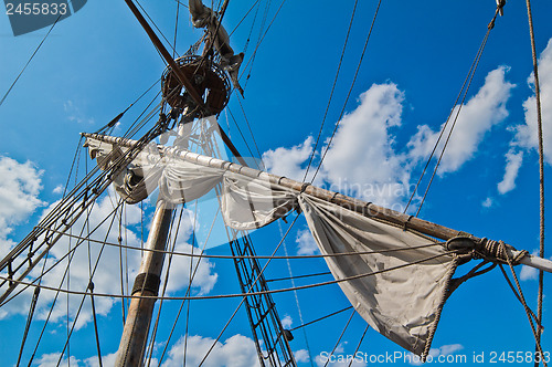 Image of Mast with sails of an old sailing vessel