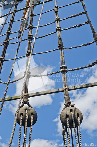 Image of Blocks and rigging at the old sailboat, close-up