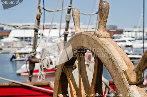 Image of Steering wheel of an old sailing vessel, close up