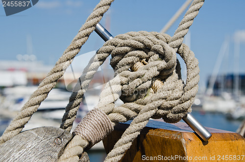 Image of Blocks and rigging at the old sailboat, close-up