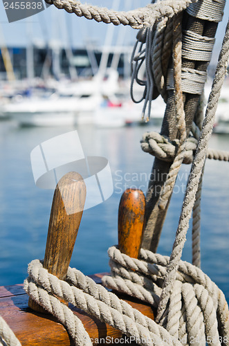 Image of Blocks and rigging at the old sailboat, close-up