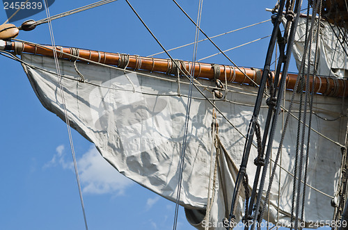 Image of Mast with sails of an old sailing vessel