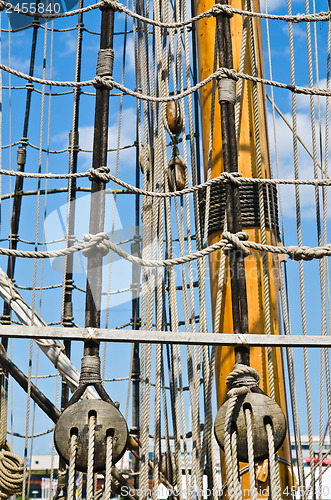 Image of Blocks and rigging at the old sailboat, close-up