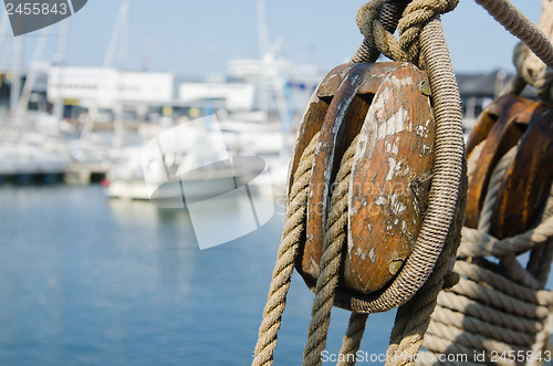 Image of Blocks and rigging at the old sailboat, close-up